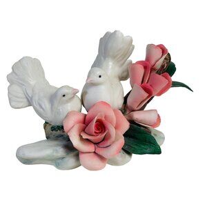 Capodimonte Lovebird Figurine Doves Pink Roses Bird Italian Home Accent Decor VT
